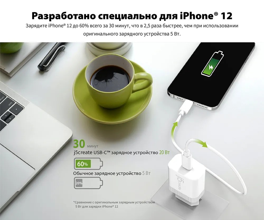Сетевое зарядное устройство j5create 20W PD USB-C (белый)