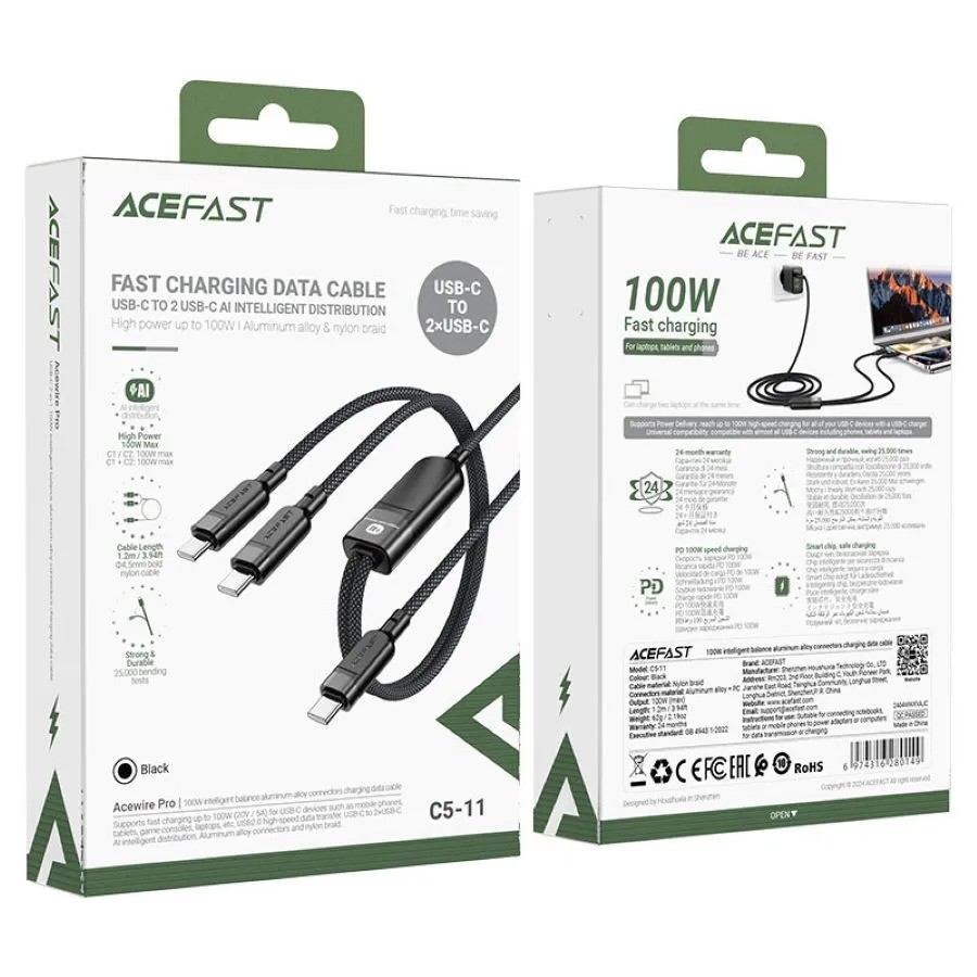 Кабель ACEFAST C5-11 USB-C на 2xUSB-C 100W (черный)