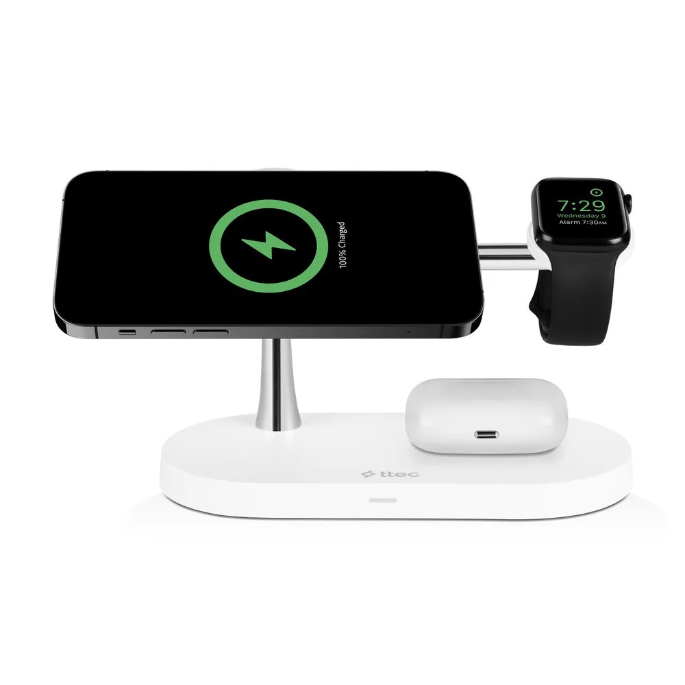 Беспроводная зарядная станция TTEC AirCharger Quattro M MagSafe Competitible 4in1 iPhone + Apple Watch + AirPods Wireless Fast charger with LED light (4-в-1, белый)