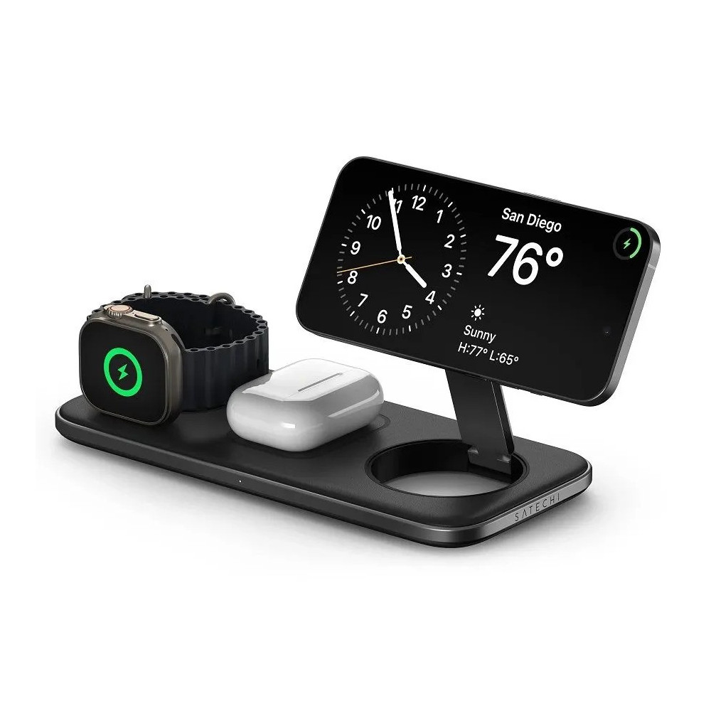 Бепроводное зарядное устройство Satechi Qi2 Trio Wireless Charging Pad (3-в-1, с вилками A/C/G, черный)